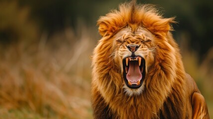 Fototapeta premium color photo of a fearsome roaring lion, its golden coat and fiery eyes radiating an aura of primal aggression, a scene that epitomizes the raw beauty and inherent danger of the animal kingdom
