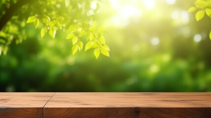 Naklejka na ściany i meble Wooden table and blurred green nature garden background