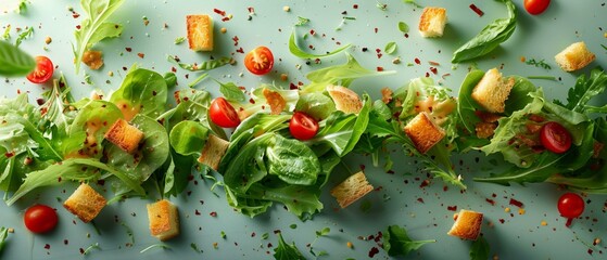 Vibrant salad launch, croutons break free - obrazy, fototapety, plakaty