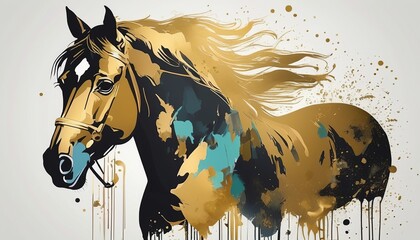 Modern Artwork: Gold Horse in Minimalist Doodle Style - obrazy, fototapety, plakaty