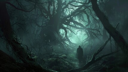 In a dark and mysterious forest a psychologist navigates their way through tangled trees and branches. As they continue on their journey creatures and symbols emerge from the shadows . - obrazy, fototapety, plakaty