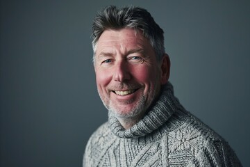 Portrait of a smiling senior man with grey sweater and scarf over grey background.