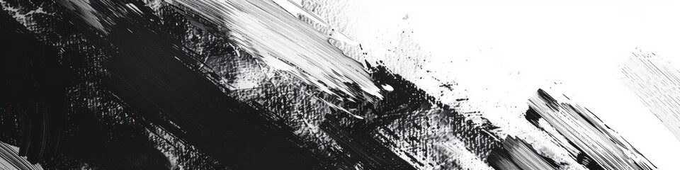 Streaks of black paint overlay a textured white canvas, creating a dynamic abstract pattern. Banner. Copy space. Background.
