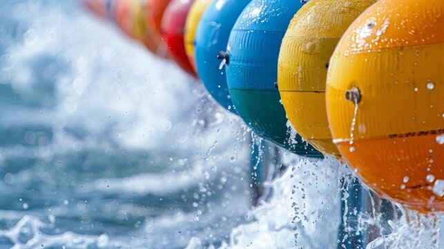 A closeup image of a clear blue ocean with waves crashing against a row of colorful buoys that house hydroelectric turbines highlighting the dynamic and powerful nature of renewable .