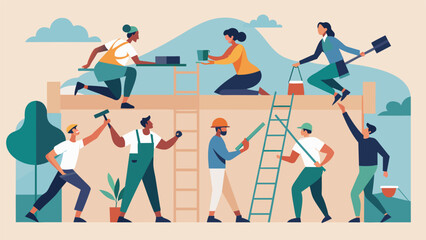 The frame of a community center takes shape as volunteers of various backgrounds and abilities work together their hands busy with hammers saws