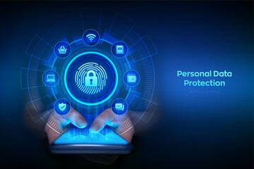 Personal Data protection business concept on virtual screen. Cyber Security. Fingerprint with padlock icon. Private secure and safety. Smartphone in hands. Using smartphone. Vector illustration.