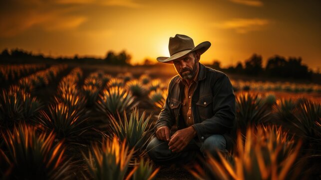 Portrait of farmer in cowboy hat on agave field on sunset