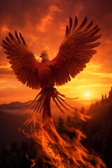 Obraz premium a majestic golden phoenix soaring through the fiery sky, its feathers shimmering with hues of red, orange, and gold, its wingspan outstretched in all its splendor, 