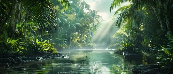 Fototapeta na wymiar Dive into a storybook jungle, where palms sway to the rhythm of wildlife whispers