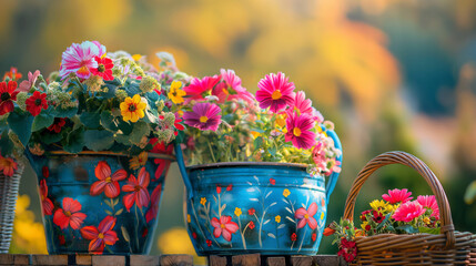 Obraz na płótnie Canvas Autumn Tea Time with Floral Cups and Basket 
