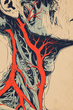 A drawing of a human body with red veins