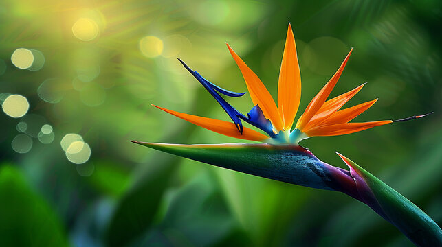 A bird of paradise flower, with its striking orange and blue petals that resemble a bird in flight. 32k, full ultra hd, high resolution
