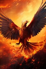 a majestic golden phoenix soaring through the fiery sky, its feathers shimmering with hues of red, orange, and gold, its wingspan outstretched in all its splendor,  