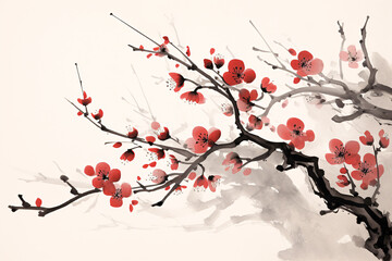 Blooming peach blossom branches, hand-painted watercolor illustration material in ink style