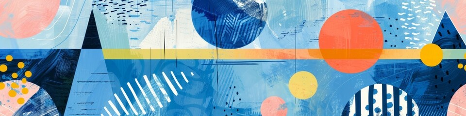 Geometric shapes in shades of cerulean blue, yellow, and pink create an abstract painting that catches the eye. Banner.