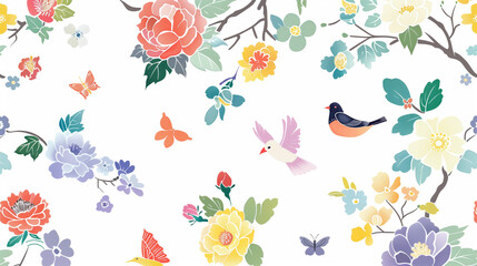Vibrant Floral and Bird Illustration Pattern
