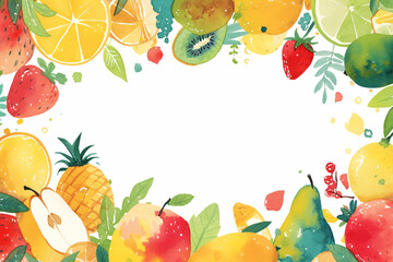 Frame made of watercolor tasty summer fruits on white background. Vegan eco fresh organic food, keto diet. Healthy life concept. Template with copy space for design paper, card, menu