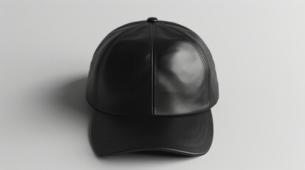 Blank mockup of a sleek black leather baseball cap with a structured crown and Velcro closure. .