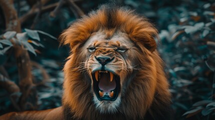 color photo of a powerful roaring lion, its mane bristling and teeth bared, a scene that captures the intensity and predatory prowess of this apex predator,  