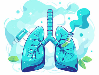 A blue drawing of a lung with a bottle of medicine next to it - obrazy, fototapety, plakaty