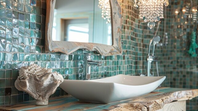 Stepping into the bathroom of the nautical retreat feels like entering a seaside spa. The walls are tiled in a mosaic of iridescent sea glass and the vanity is made of weathered driftwood. .