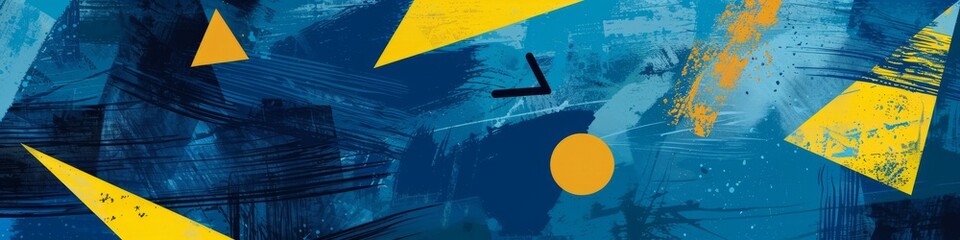 Geometric shapes in yellow and blue on a cerulean lemon background. Banner. - obrazy, fototapety, plakaty