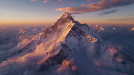 Snowy peak of a majestic mountain with warm colors and a sea of clouds in sunrise.