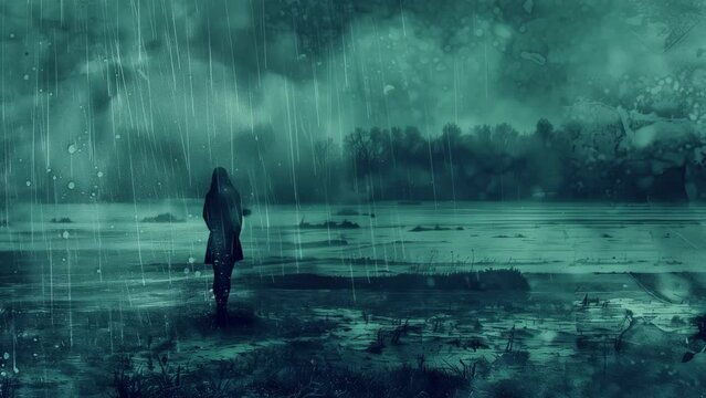 Weathered illustration of melancholy with rain falling on a desolate landscape. Indigo and Green tones. Grunge style illustration