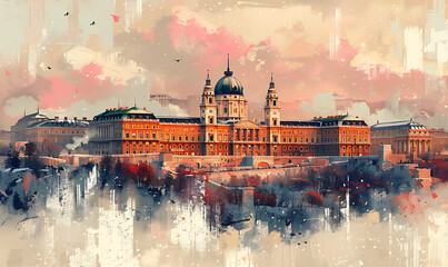 Obraz premium minimalist poster of the grand budapest hotel, white background. Generative Ai