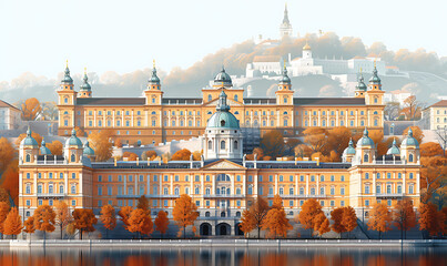 minimalist poster of the grand budapest hotel, white background. Generative Ai