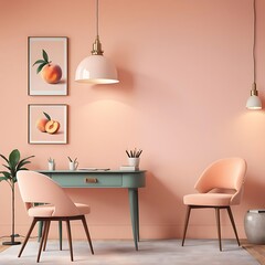Workplace in Peach Fuzz color trend. Painted walls and rich furniture - chairs and table with lamp. Pastel painting background. Large home office 