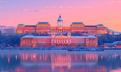 Obraz premium minimalist poster of the grand budapest hotel, white background. Generative Ai