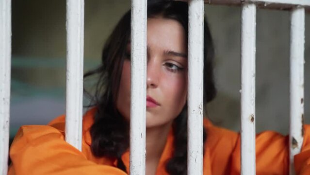 Female Woman Prisoner in Orange Jumpsuit Prison in Jail Cell