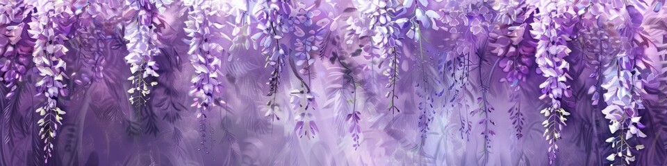 A banner with purple flowers hanging from the ceiling against an ethereal wisteria purple background