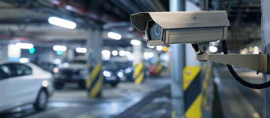 A surveillance camera is mounted on a tall pole inside a dimly lit parking garage, enhancing security and monitoring activities - obrazy, fototapety, plakaty