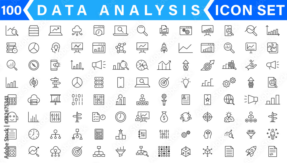 Poster data analysis thin line icon set. data processing outline pictograms for website and mobile app gui.