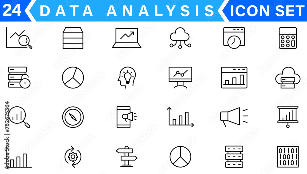 Poster data analysis thin line icon set. data processing outline pictograms for website and mobile app gui.