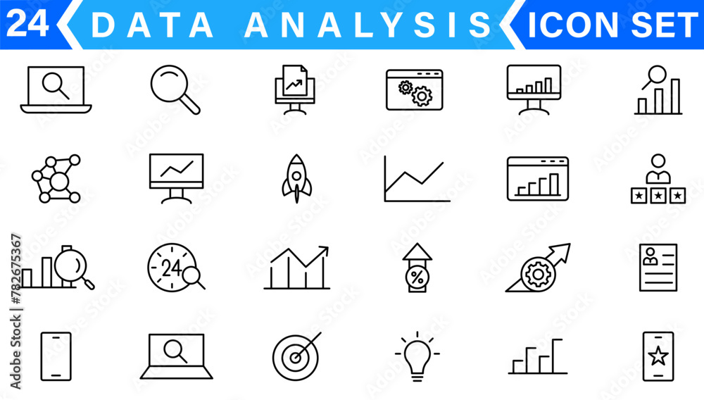 Poster data analysis thin line icon set. data processing outline pictograms for website and mobile app gui.