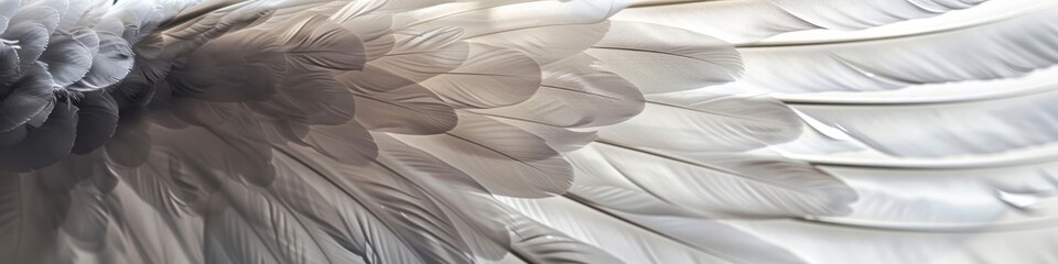 Obraz premium Detailed view of the intricate white and grey feathers on a birds wings. Banner. Copy space. Background.