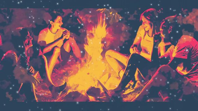 Weathered painting of a group of friends laughing and sharing stories around a campfire. Pink and Yellow tones. Grunge style illustration