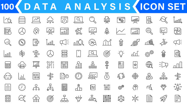 Data analysis thin line icon set. Data processing outline pictograms for website and mobile app GUI. Digital analytics simple UI, UX vector icons