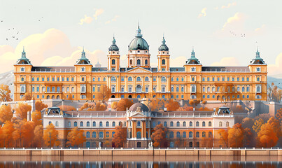 minimalist poster of the grand budapest hotel, white background. Generative Ai