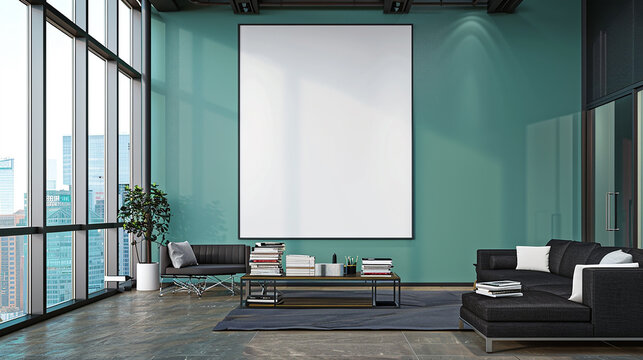 A large, blank poster mockup centered on a muted teal wall in a corporate break room. 32k, full ultra hd, high resolution