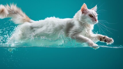 color photo of an enchanting Turkish Van cat gracefully diving into the water, its silky white coat contrasting against the vibrant blue, capturing a moment of pure feline elegance