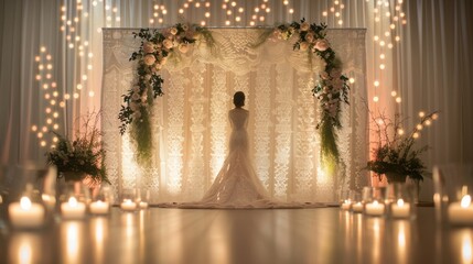 Indulge in the timeless beauty of our Vintage Lace podium featuring a romantic ivory lace backdrop and soft glowing fairy lights. . .