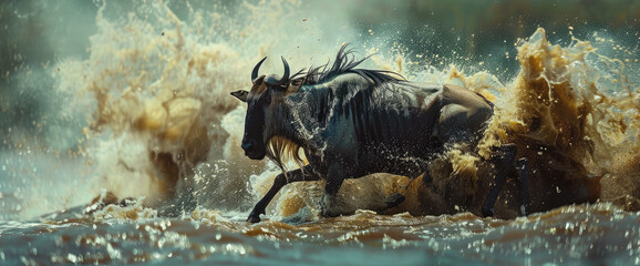 A group of wildebeest run through the river in their typical way, splashing water and creating big waves on its path