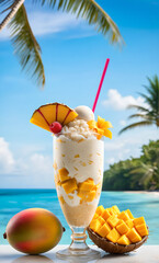 Sundae ice cream with Thai ingredients like mango, sticky rice, and coconut cream in a tall glass. Theme: tropical summer with colorful garnish,