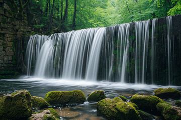 Fototapeta na wymiar A cascading waterfall hidden in a verdant forest, with the water flowing over moss-covered rocks and creating a serene. 32k, full ultra hd, high resolution