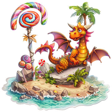 Whimsical dragon sits on a rocky island, enjoying a giant lollipop made from an oar. Isolated on transparent