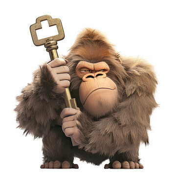 A monkey holds a golden key while a mischievous gorilla looks puzzled holding a giant key in a whimsical cartoon style, isolated on a transparent background.